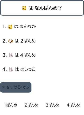 てがかりと、いちからよんのボタン。ばつをつけるモードがオンのがめん。