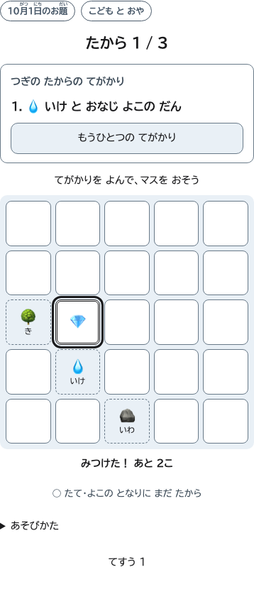わくのマスにたからがみつかり、たからのかずが、いっこになったがめん。