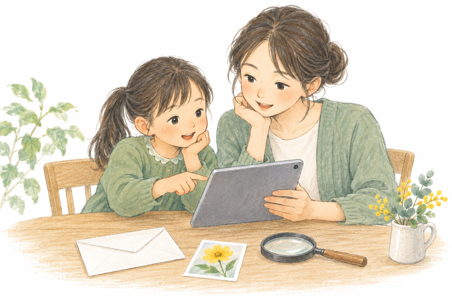 おやとこが、タブレットのがめんをゆびさして、いっしょにたしかめています。つくえにはしゃしんのカードとふうとう、むしめがねがあります。