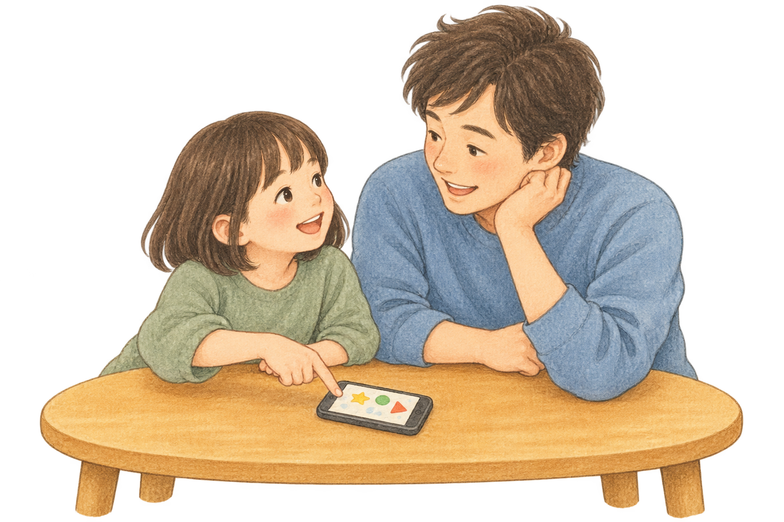 スマートフォンをゆびさし、かおをみあわせてわらう、おやとこ。