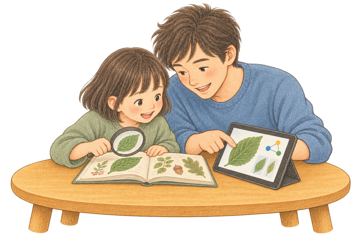 ほんのはっぱをむしめがねでみるこどもと、タブレットのはっぱをゆびさすおや。ふたりでみくらべています。