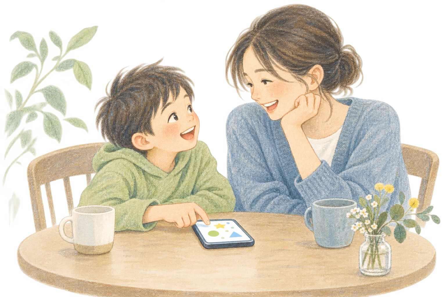 ひとつのスマートフォンをかこんで、えがおでみつめあう、おやとこ。